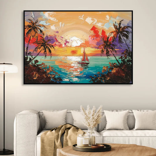 Key West Tropical Sunset Living Room - Black Canvas Wall Art