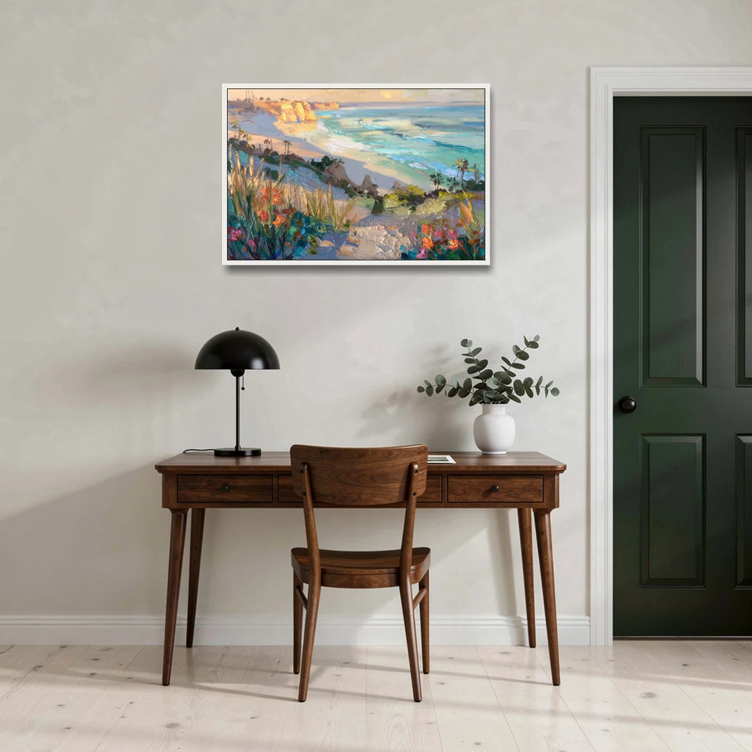 La Jolla Pacific Blues - White Framed Canvas Wall Art - Office - 36x24