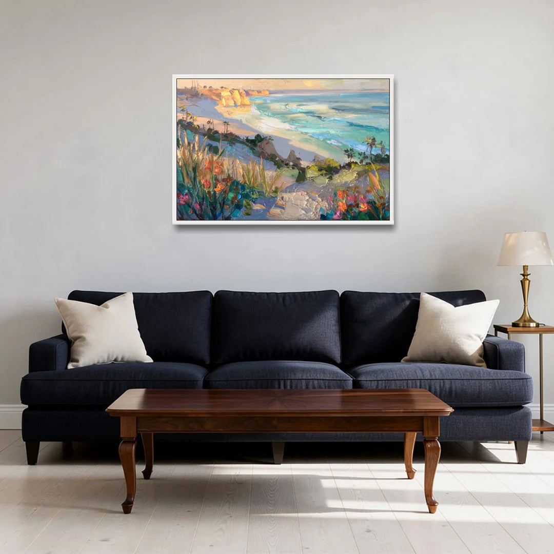 La Jolla Pacific Blues - White Framed Canvas Wall Art - Sofa - 36x24