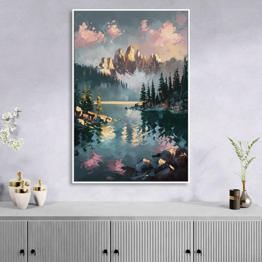 Lake Tahoe Snowy Peaks Living Room - White Canvas Wall Art