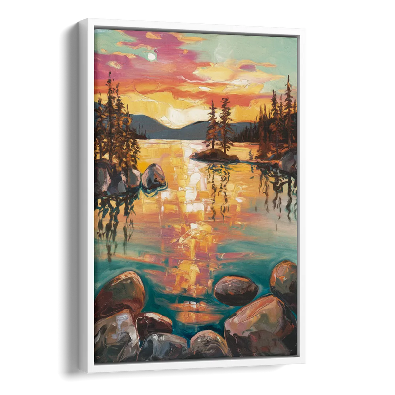 Lake Tahoe Sunset Reflections Side - White Canvas Wall Art