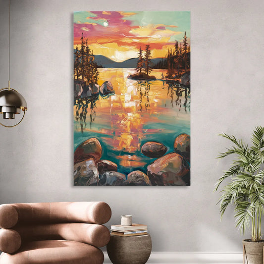 Lake Tahoe Sunset Reflections Living Room - Canvas Wall Art