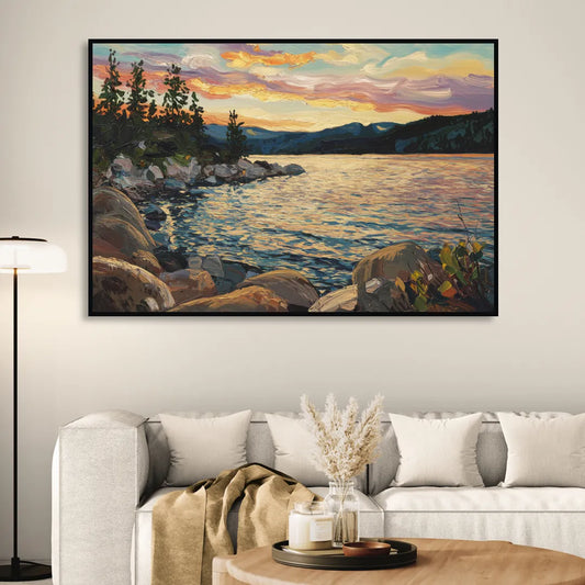 Lake Tahoe Sunset Reflections Serenity Living Room - Black Canvas Wall Art