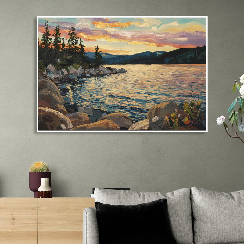 Lake Tahoe Sunset Reflections Serenity Sitting Room - White Canvas Wall Art