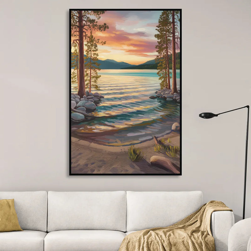 Lake Tahoe Tranquil Shoreline Sitting Room - Black Canvas Wall Art