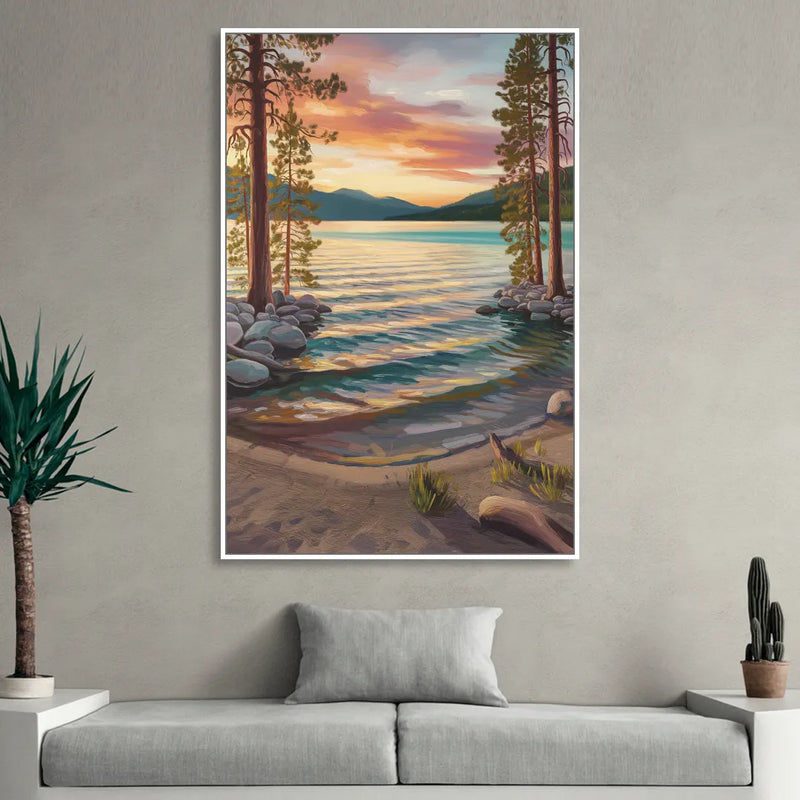 Lake Tahoe Tranquil Shoreline Sitting Room - White Canvas Wall Art