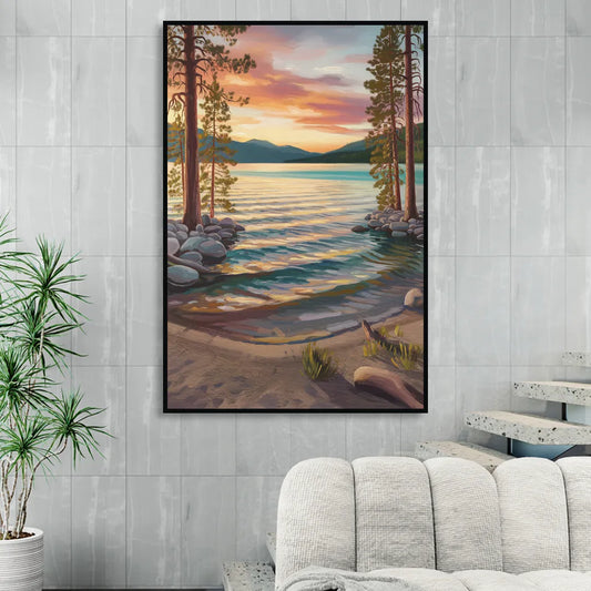 Lake Tahoe Tranquil Shoreline Living Room - Black Canvas Wall Art