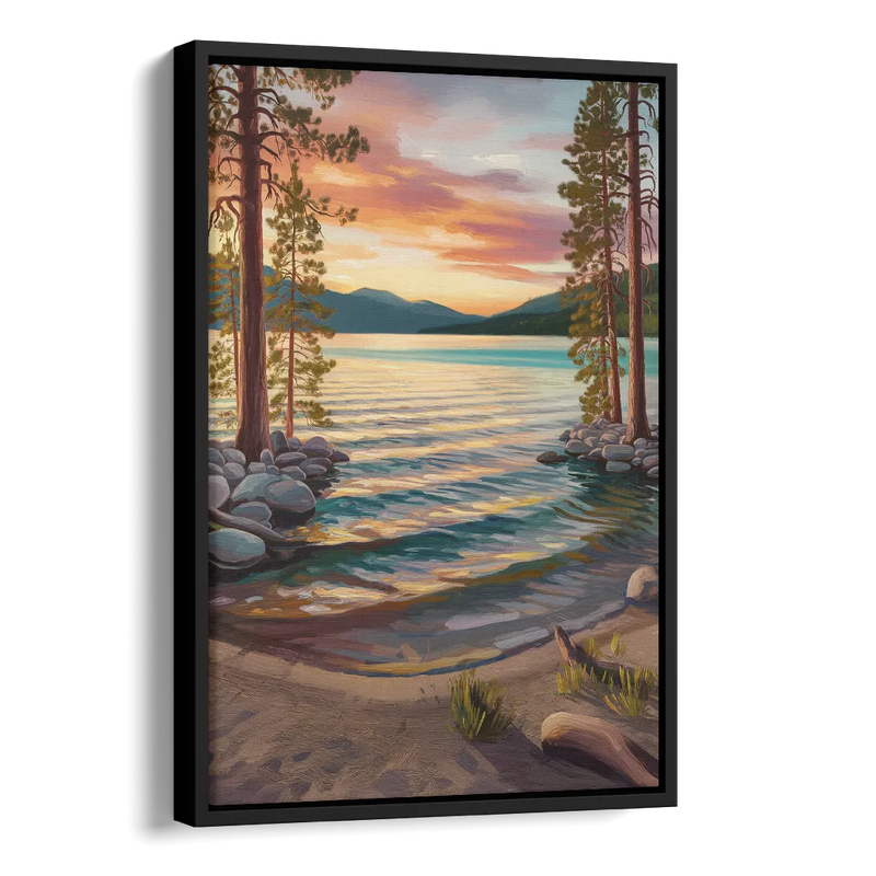 Lake Tahoe Tranquil Shoreline Side - Black Canvas Wall Art