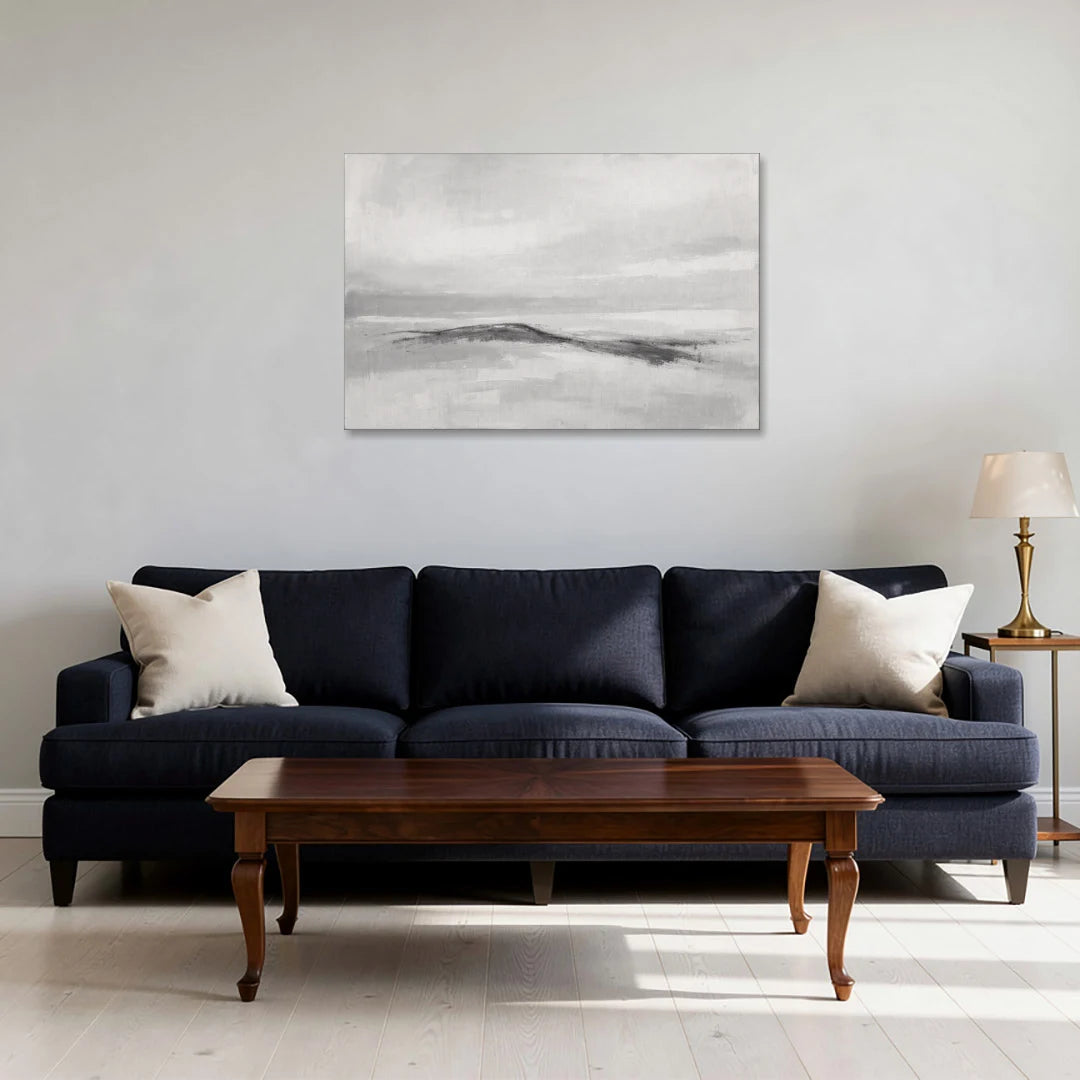 Large Black and White Charcoal Ridge in White Mist - Canvas Wall Art - Sofa - 36x24