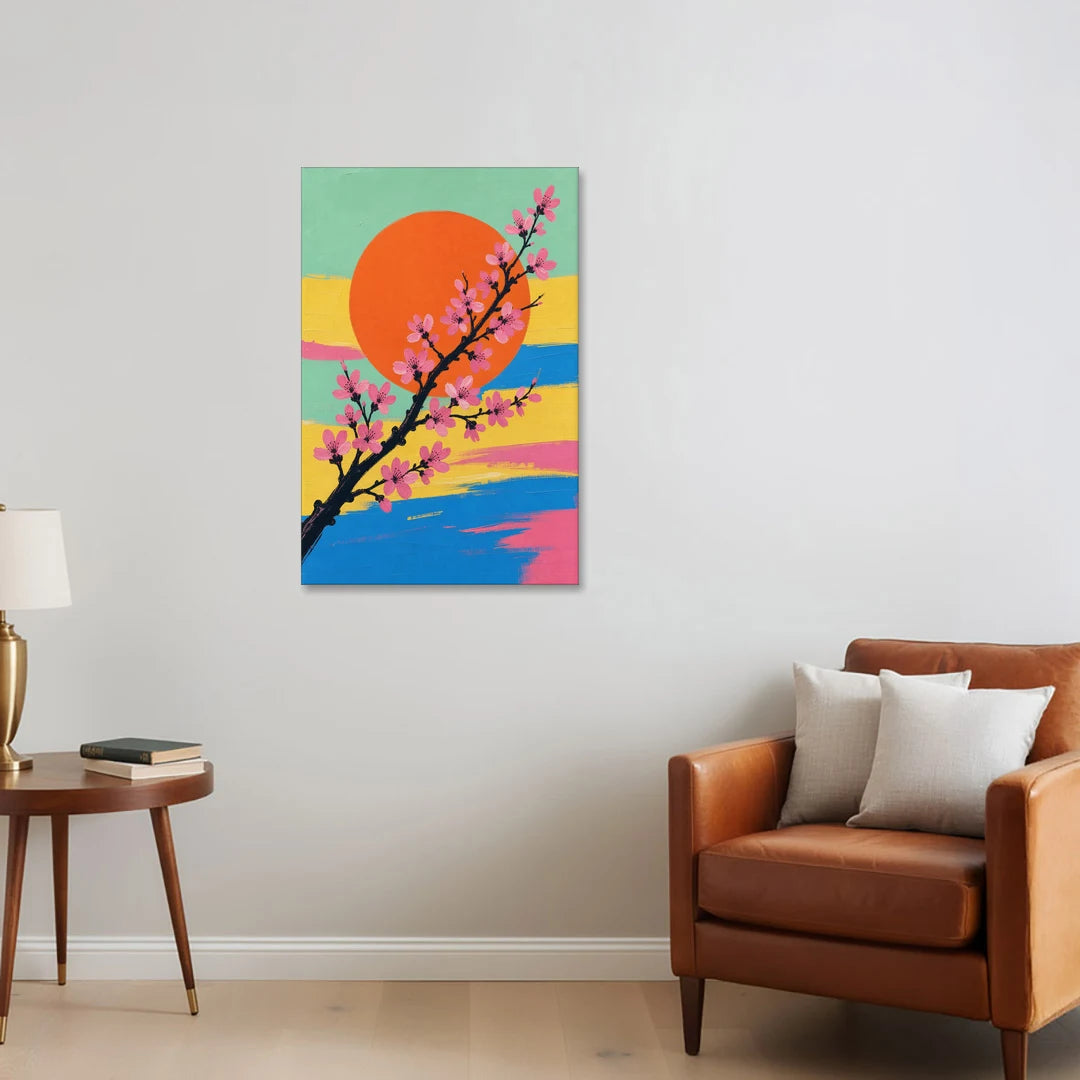 Large Cherry Blossom Canvas with Orange Sun - Canvas Wall Art - Sofa - 24x36