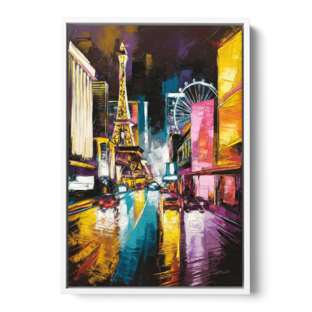 Las Vegas Downtown Energy - White Framed Canvas Wall Art - Front