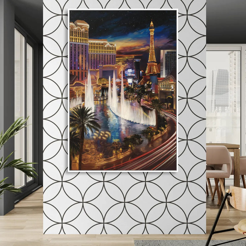 Las Vegas Nightscape Sitting Room - White Canvas Wall Art