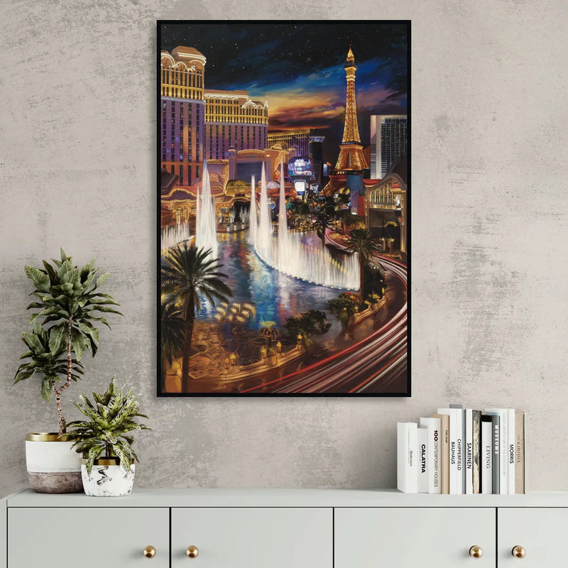 Las Vegas Nightscape Living Room - Black Canvas Wall Art