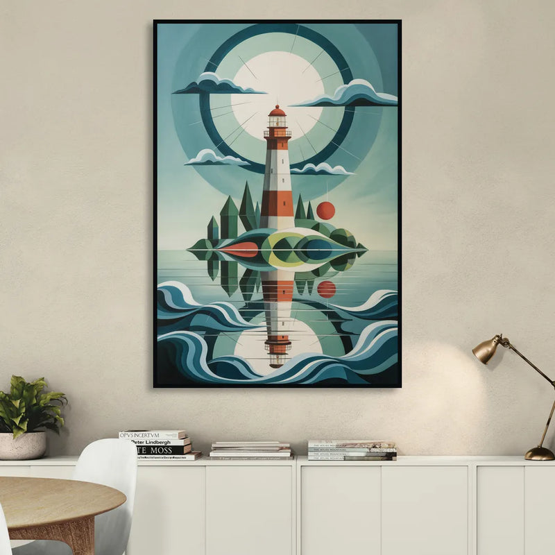 Lighthouse on the Island Living Room - Black Canvas Wall Art