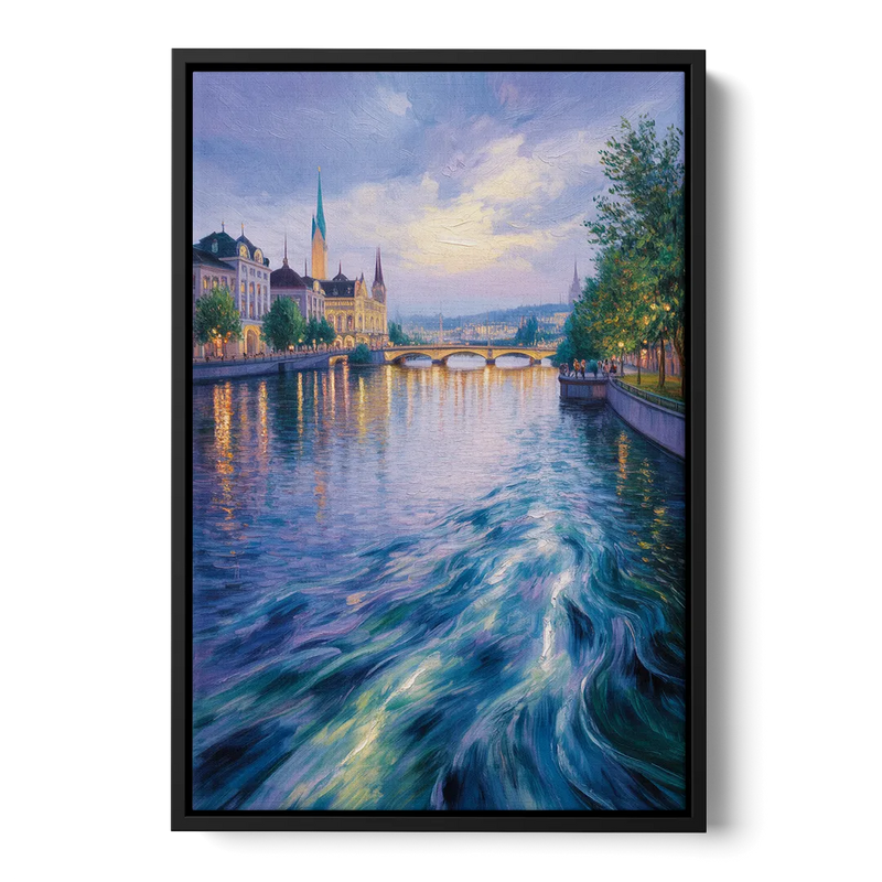 Limmat River Serenity Front - Black Canvas Wall Art