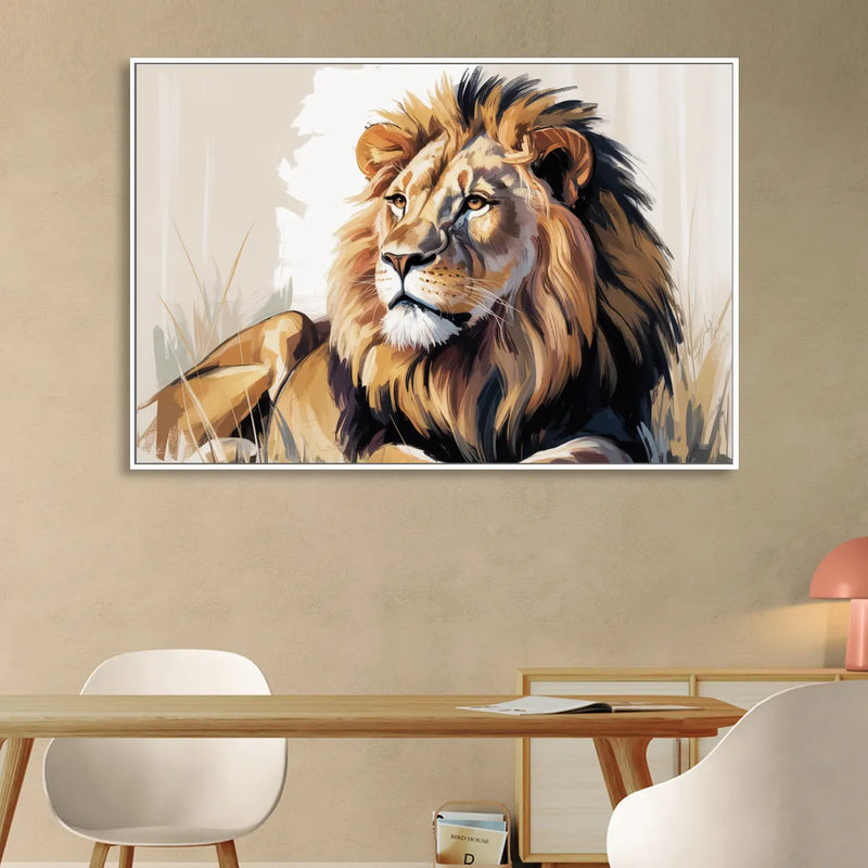 Lion in Thought Sitting Room - White Canvas Wall Art