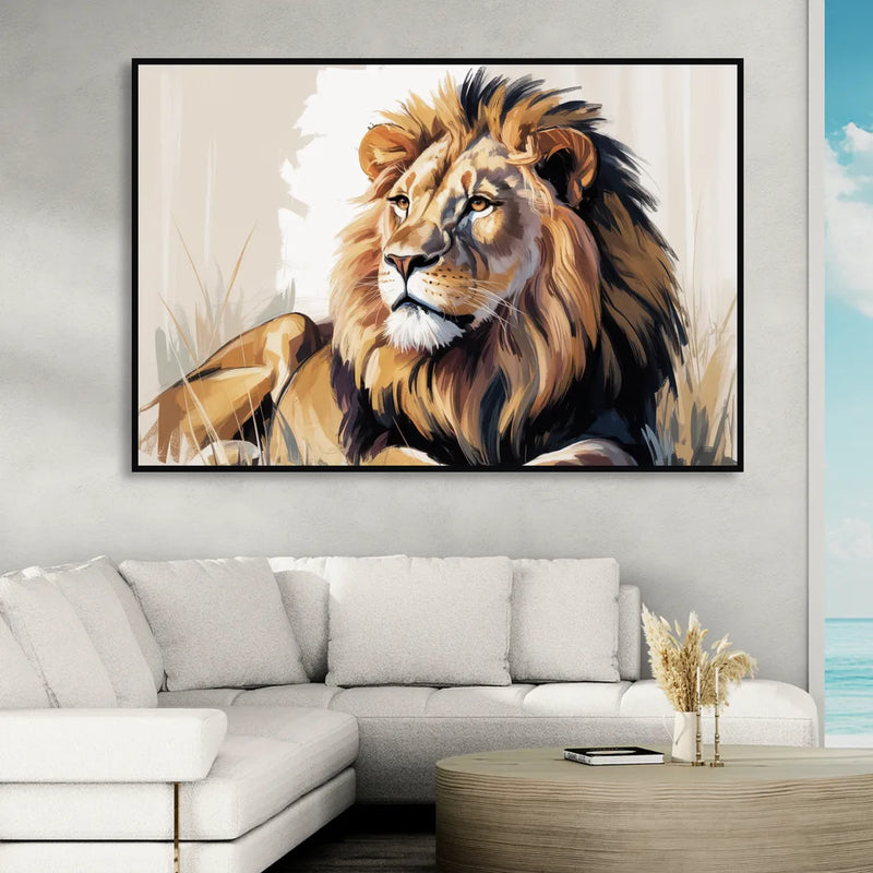 Lion in Thought Sitting Room - Black Canvas Wall Art