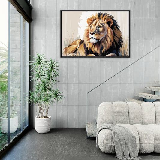 Lion in Thought - Living Room Black Frame Canvas