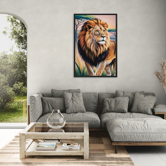 Lion in Tribal Art - Living Room Black Frame Canvas