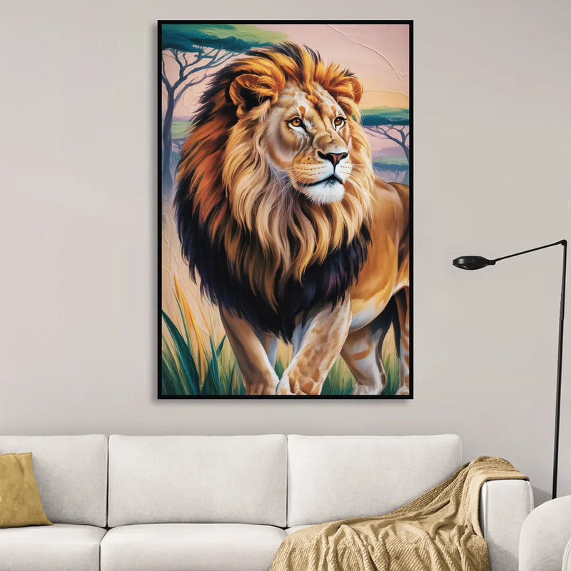 Lion in Tribal Art Sitting Room - Black Canvas Wall Art