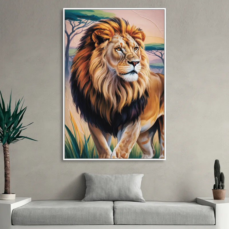 Lion in Tribal Art Sitting Room - White Canvas Wall Art