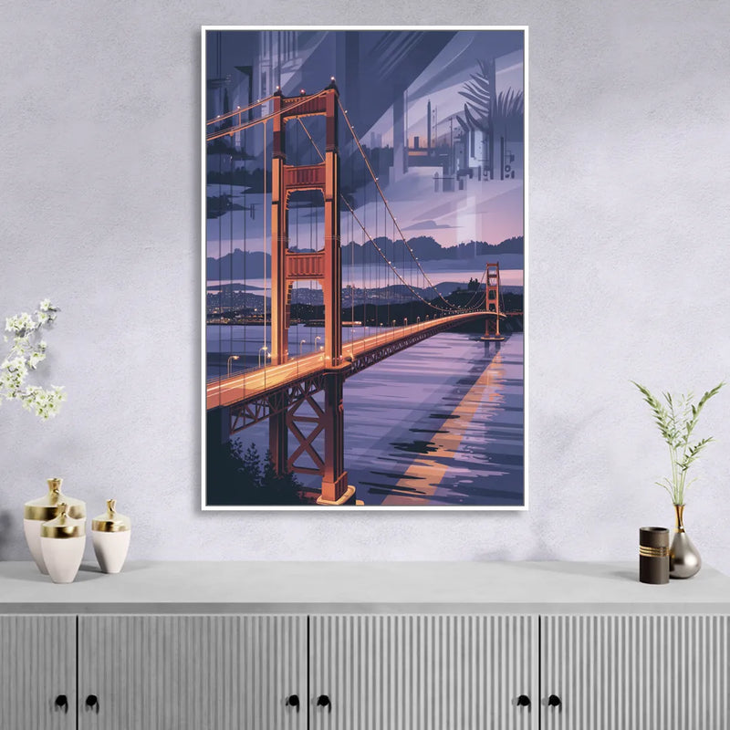 Lions Gate Bridge Twilight Sitting Room - White Canvas Wall Art