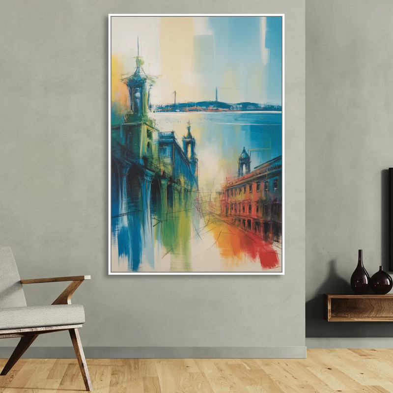 Lisbon Skyline Living Room - White Canvas Wall Art