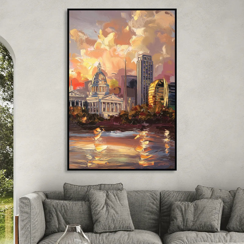 Little Rock Skyline at Sunset Sitting Room - Black Canvas Wall Art