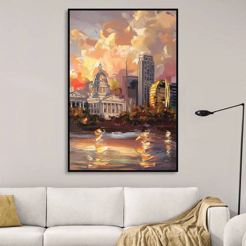 Little Rock Skyline at Sunset Living Room - Black Canvas Wall Art