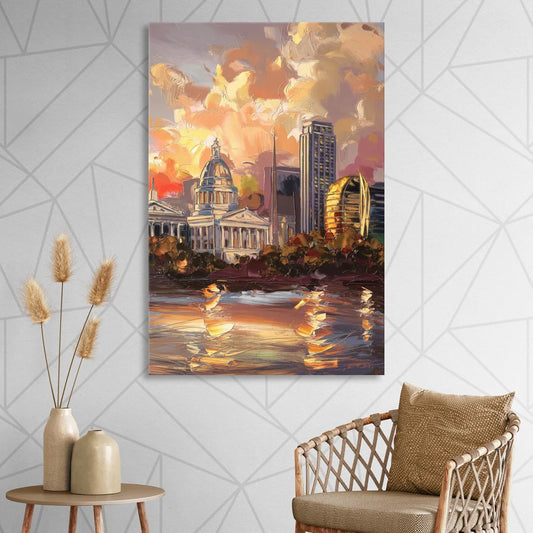 Little Rock Skyline at Sunset Living Room - Canvas Wall Art