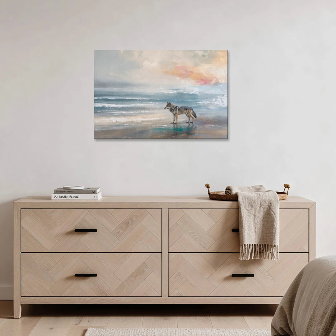 Lone Wolf on the Misty Shore - Canvas Wall Art - Coffee Table - 36x24
