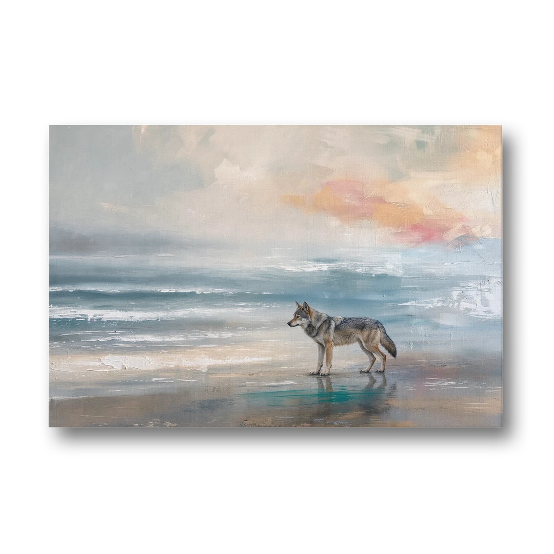 Lone Wolf on the Misty Shore - Canvas Wall Art - Front