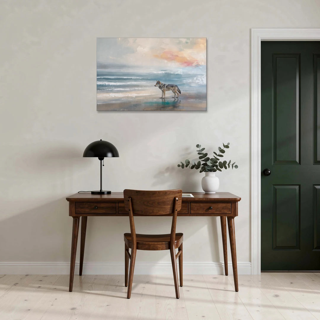 Lone Wolf on the Misty Shore - Canvas Wall Art - Office - 36x24