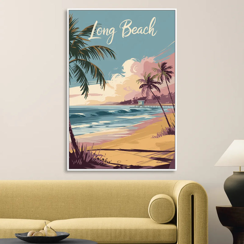 Long Beach California Coastal Scene Living Room - White Canvas Wall Art