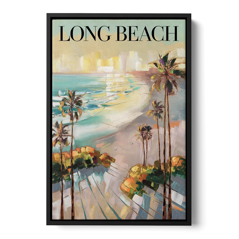Long Beach California Palm Trees Front - Black Canvas Wall Art