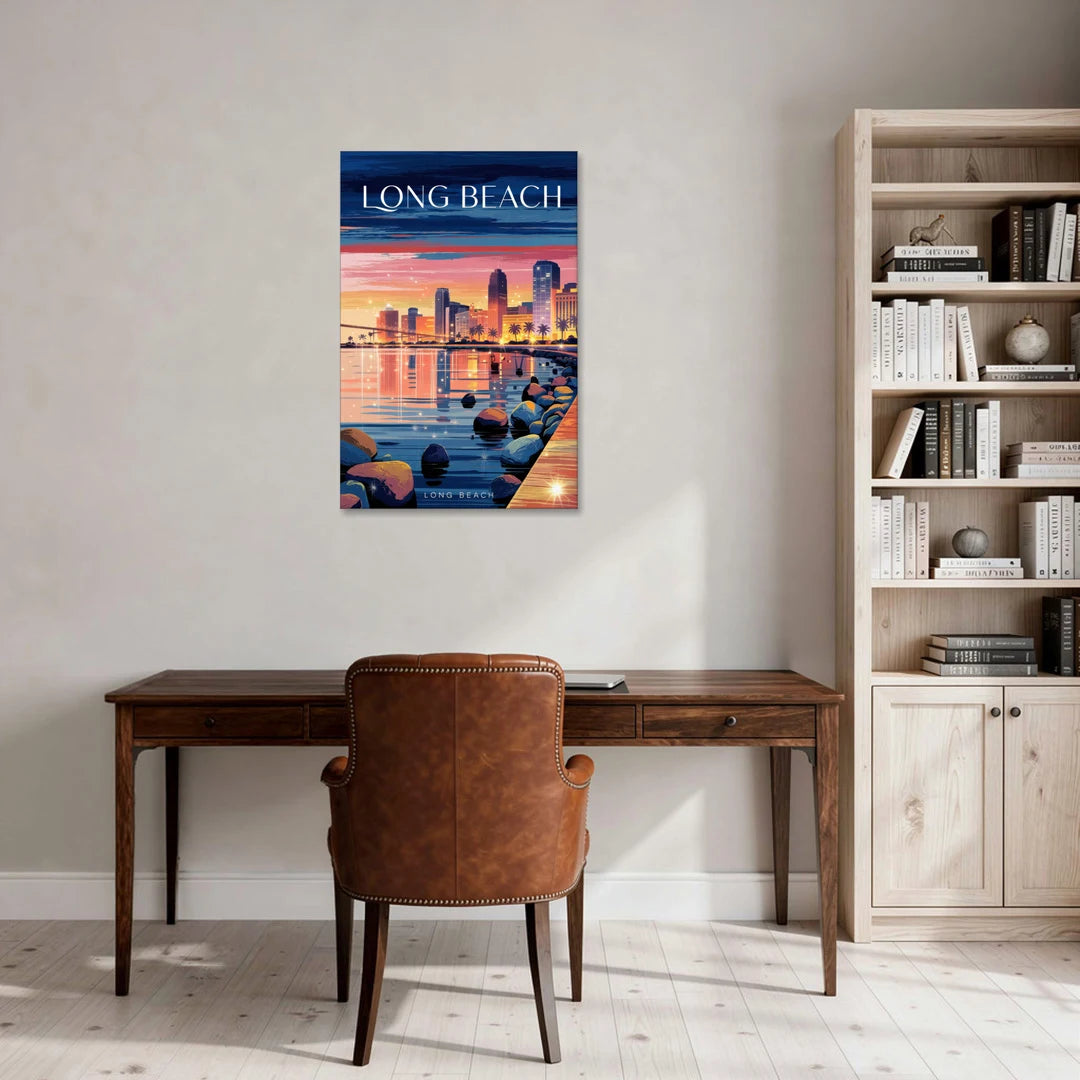 Long Beach Cityscape Evening Lights - Canvas Wall Art - Office - 24x36