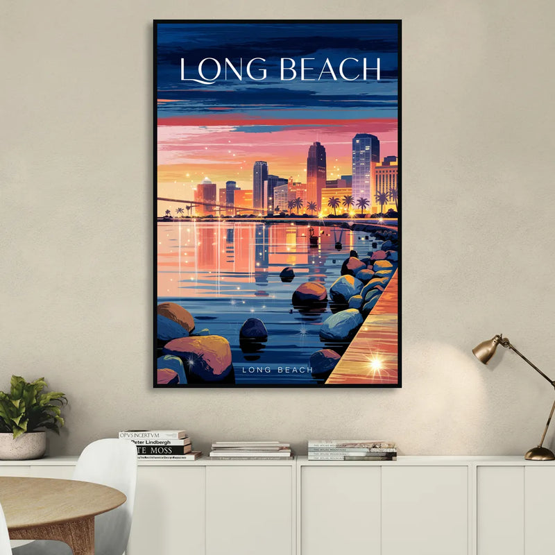 Long Beach Cityscape Evening Lights Sitting Room - Black Canvas Wall Art