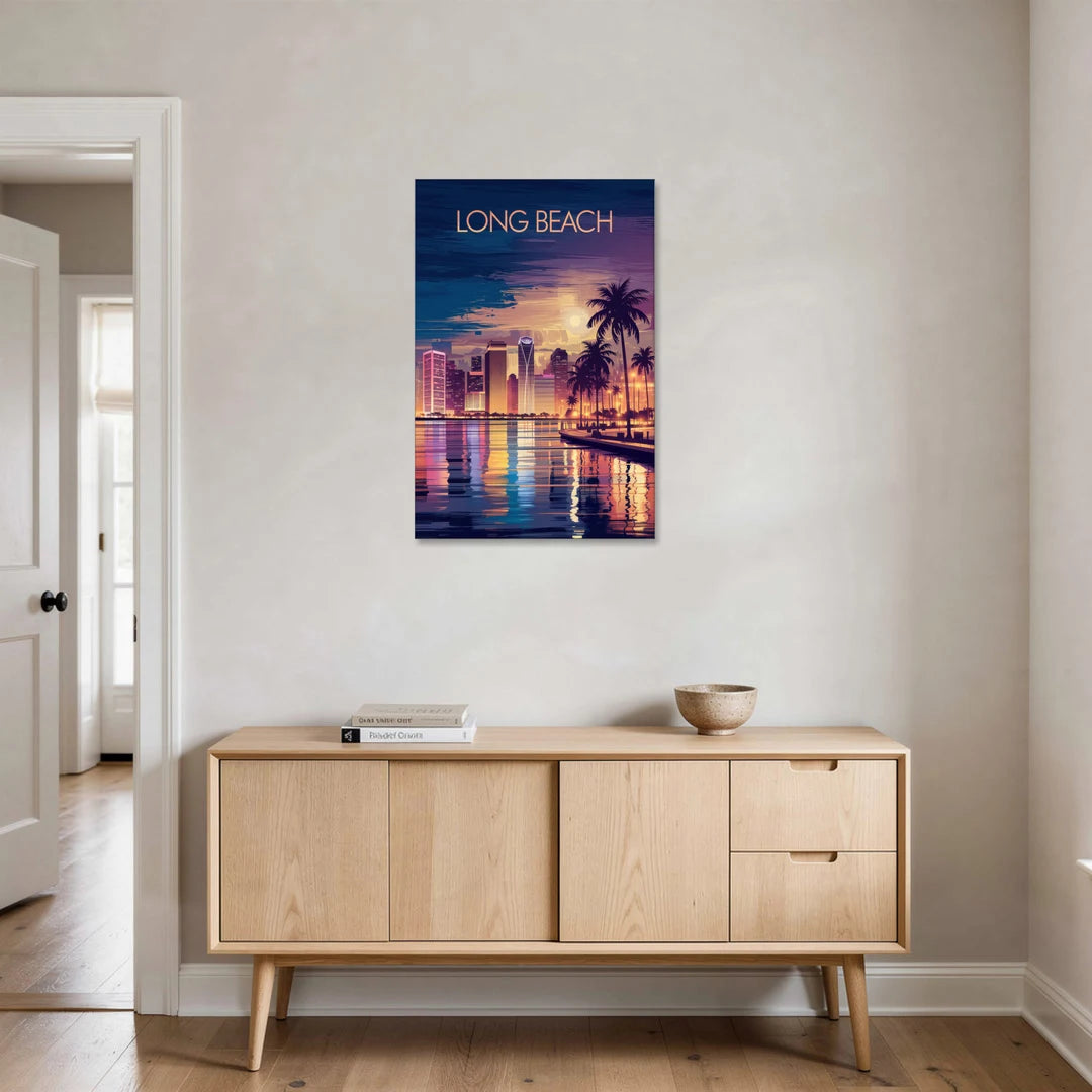 Long Beach Cityscape Evening Lights Nightscape - Canvas Wall Art - Coffee Table - 24x36