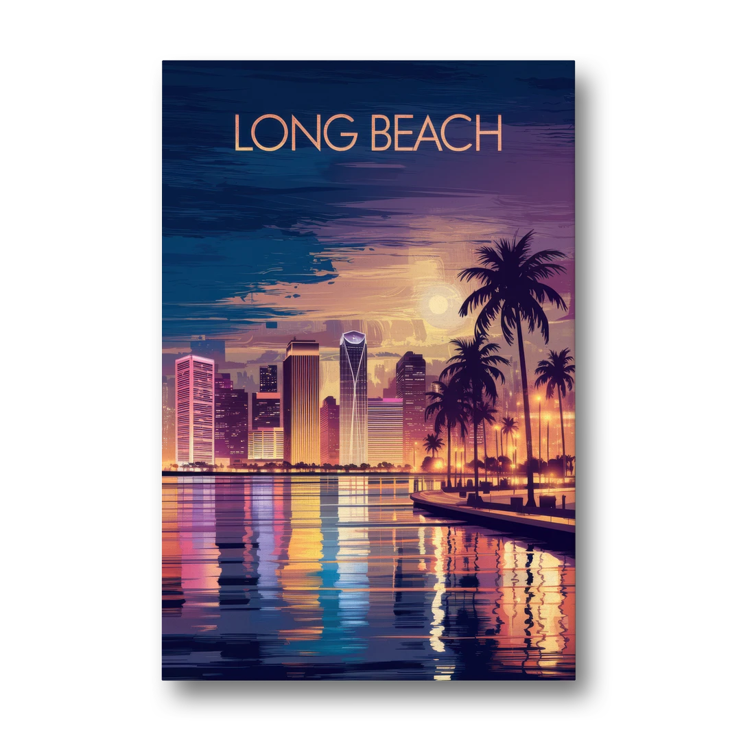 Long Beach Cityscape Evening Lights Nightscape - Canvas Wall Art - Front