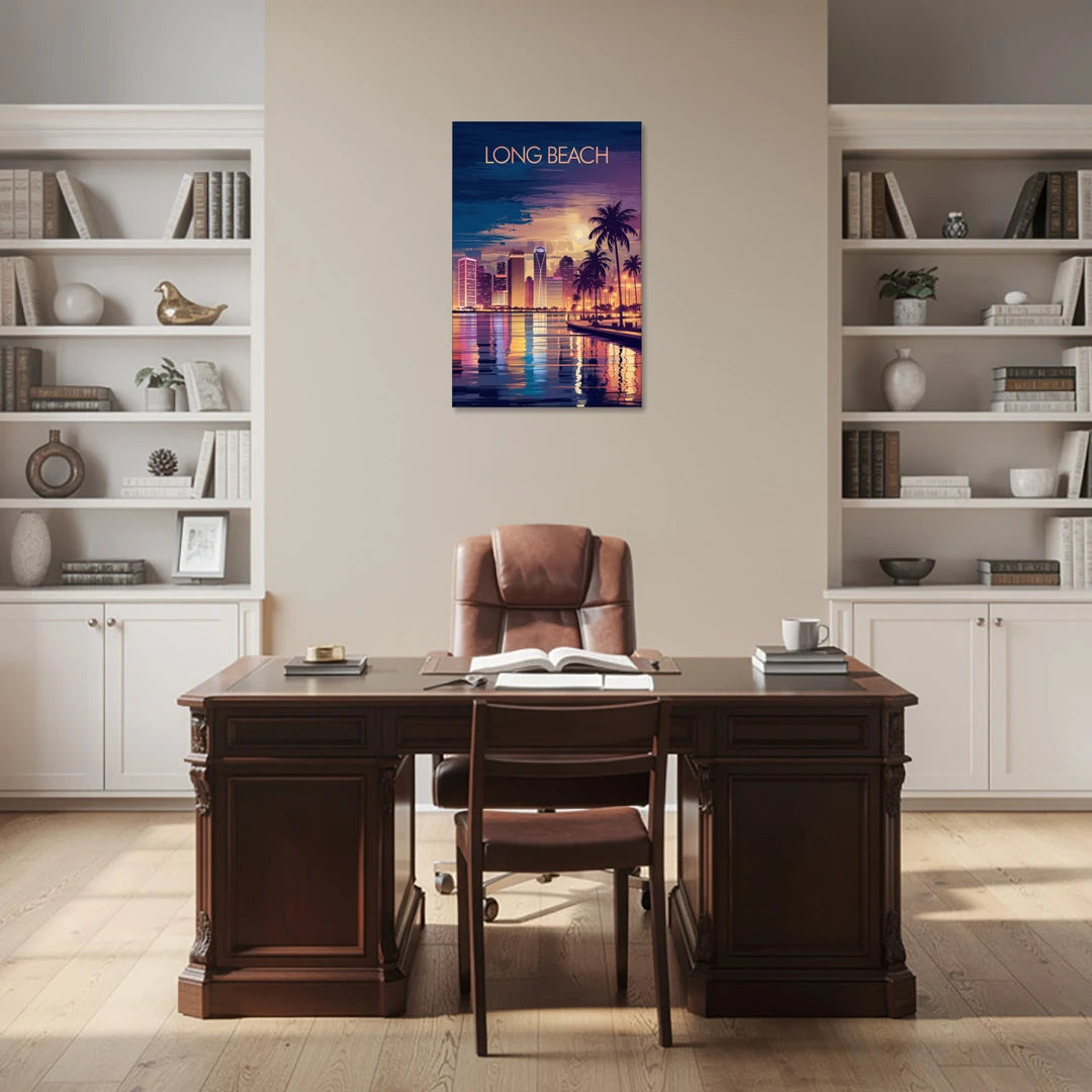 Long Beach Cityscape Evening Lights Nightscape - Canvas Wall Art - Office - 24x36