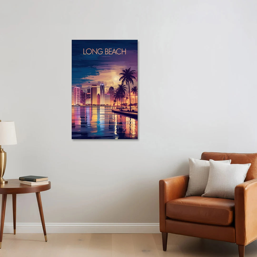 Long Beach Cityscape Evening Lights Nightscape - Canvas Wall Art - Sofa - 24x36