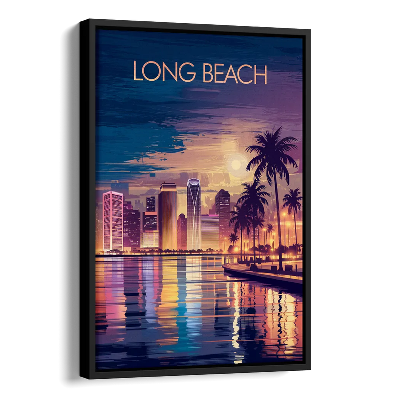 Long Beach Cityscape Evening Lights Nightscape Side - Black Canvas Wall Art