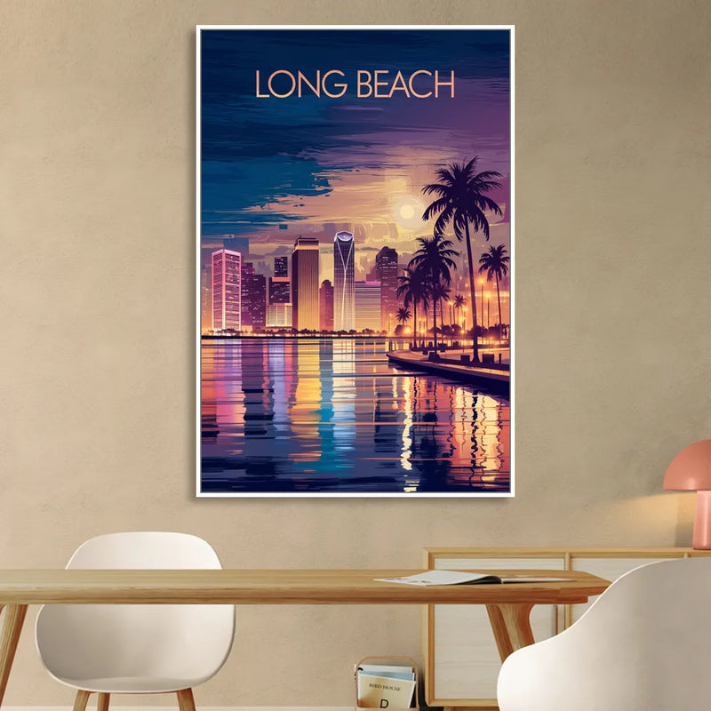 Long Beach Cityscape Evening Lights Nightscape Sitting Room - White Canvas Wall Art