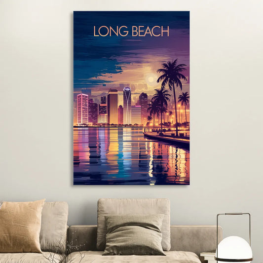 Long Beach Cityscape Evening Lights Nightscape Living Room - Canvas Wall Art
