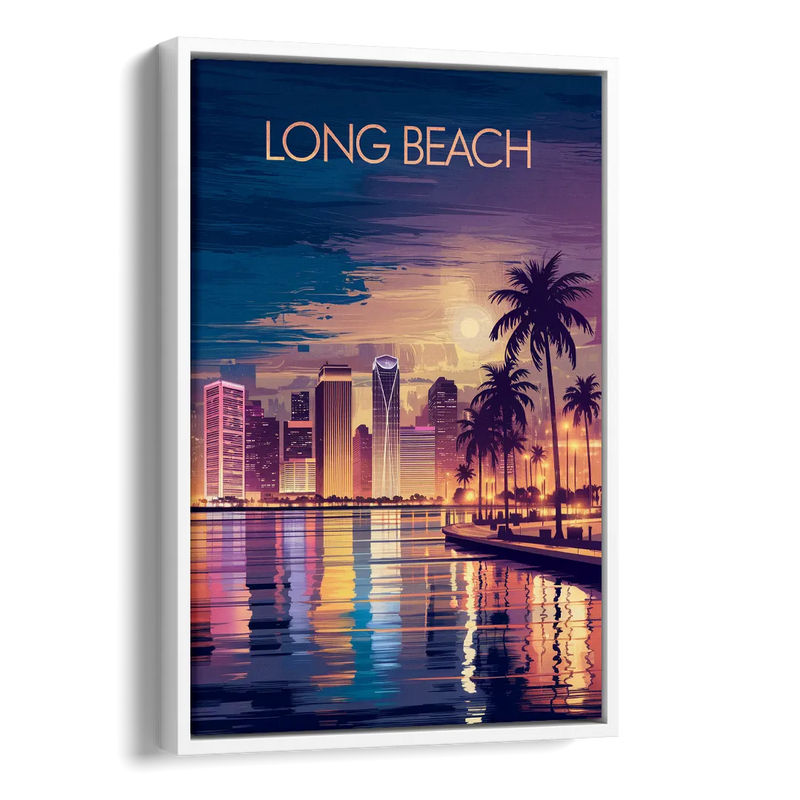 Long Beach Cityscape Evening Lights Nightscape Side - White Canvas Wall Art