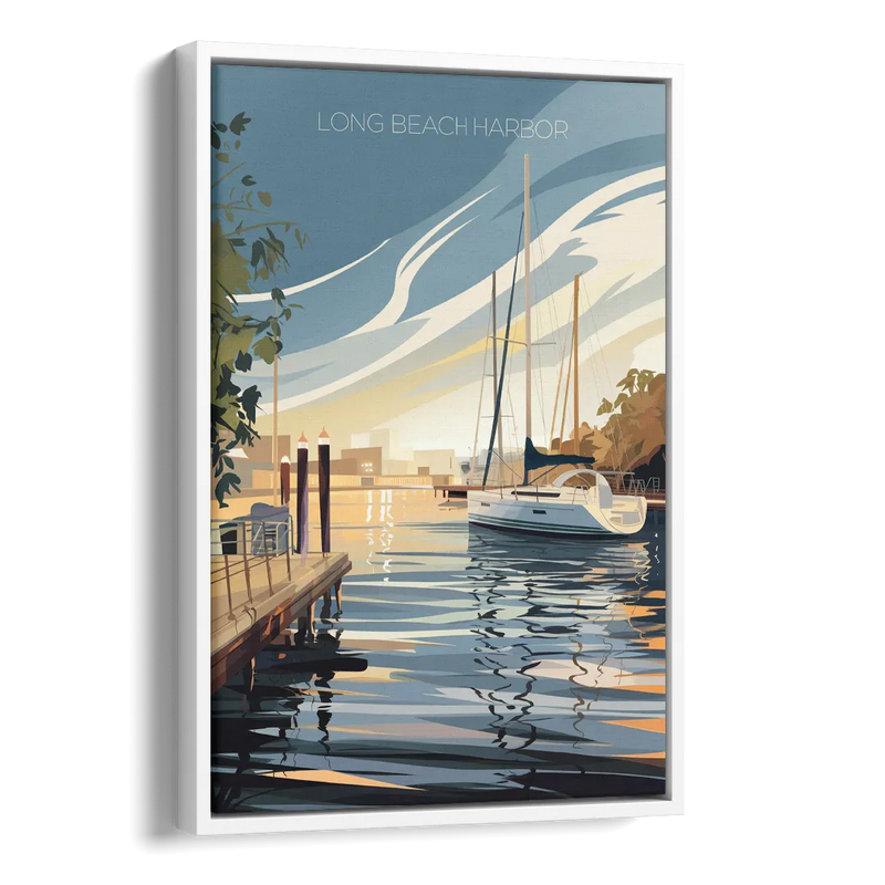 Long Beach Harbor and Sailboats Side - White Canvas Wall Art