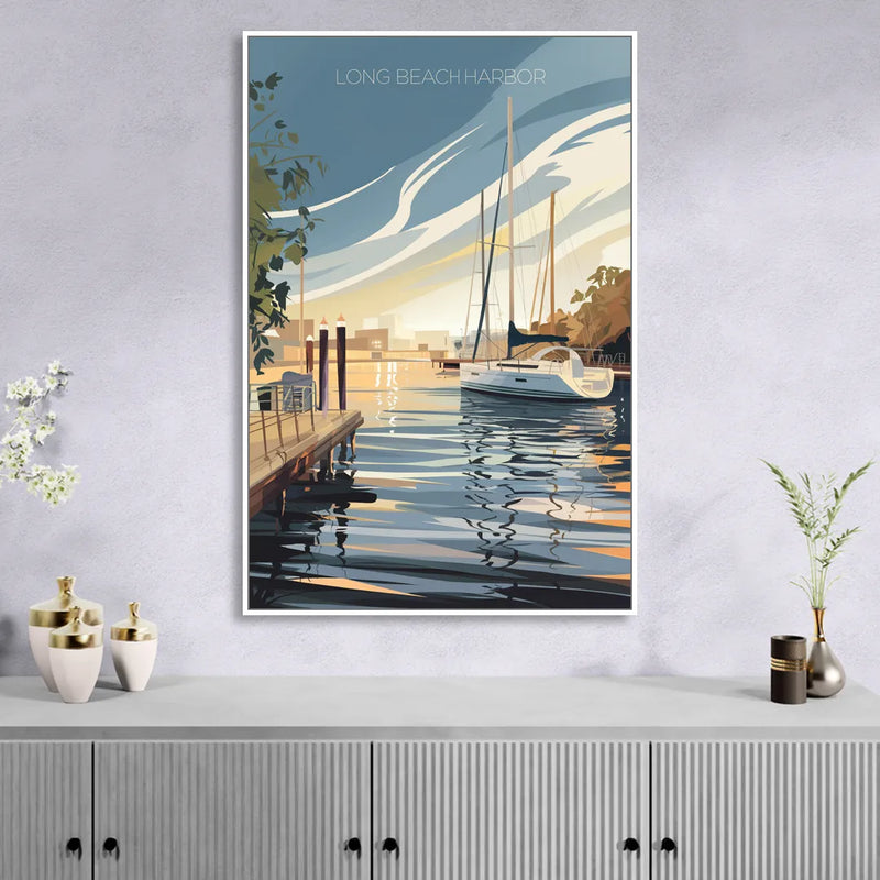 Long Beach Harbor and Sailboats Sitting Room - White Canvas Wall Art