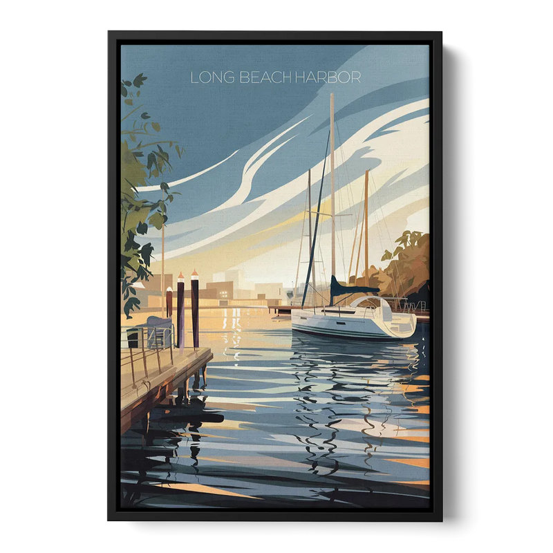 Long Beach Harbor and Sailboats Front - Black Canvas Wall Art