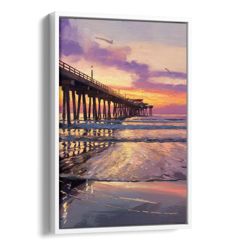 Long Beach Pier at Sunset Side - White Canvas Wall Art