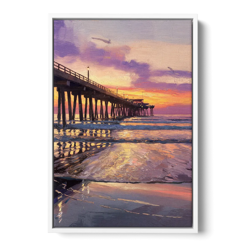Long Beach Pier at Sunset Front - White Canvas Wall Art